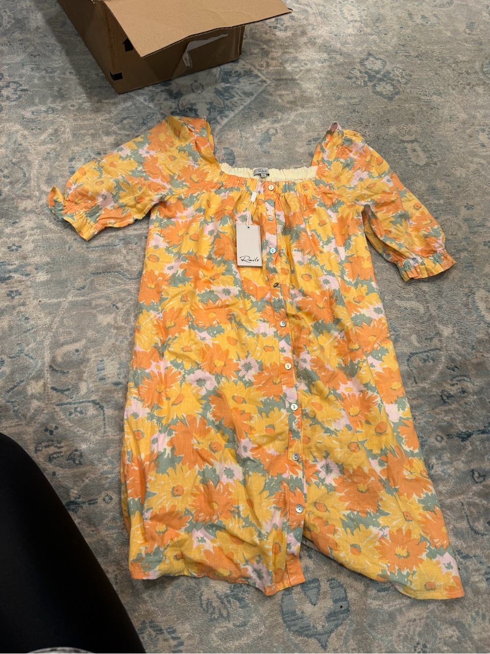 Yellow Floral Puff-Sleeve Dress